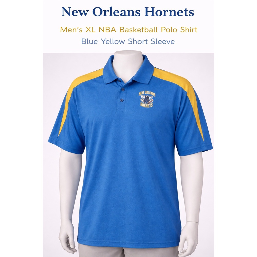 NBA New Orleans Hornets Polo Shirt Mens XL Teal Blue Yellow Mesh‎ Short Sleeve